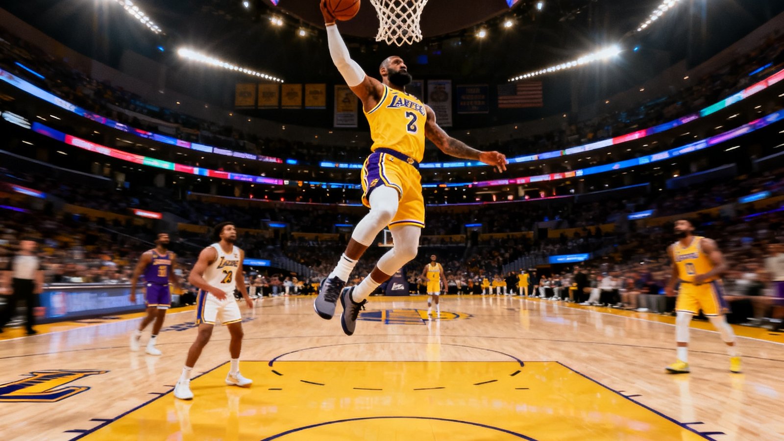 NBA篮球比赛全场集锦缩略图，湖人队球员飞身扣篮的精彩定格，球馆灯光璀璨，画面底部标注比赛日期与最终比分